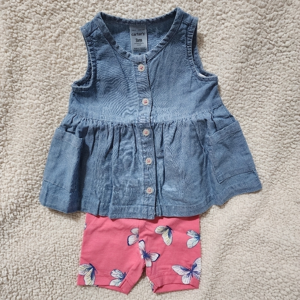 Carter's Blue Denim Top and Pink Butterfly Shorts Set Size 3M NWT